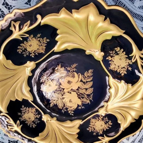 Vintage Jetta Cobalt Blue Gold Leaf Round Platter Bowl w/stand WEIMAR PORCELAIN - Picture 6 of 11